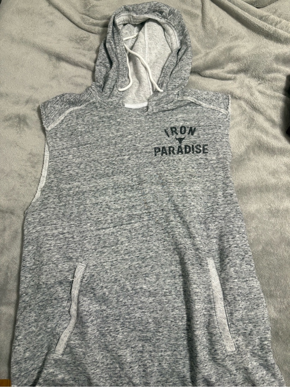 Under Armour Gray Sleeveless Hoodie with 'Iron Paradise' Print